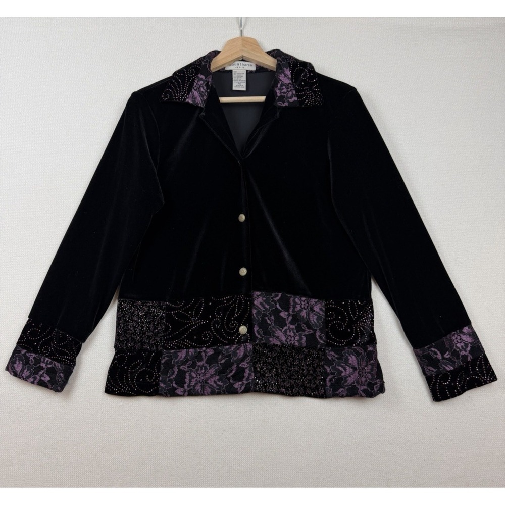 VTG Notations Petite M Womens Black Velvet Blazer Jacket Old Money Lace Patches